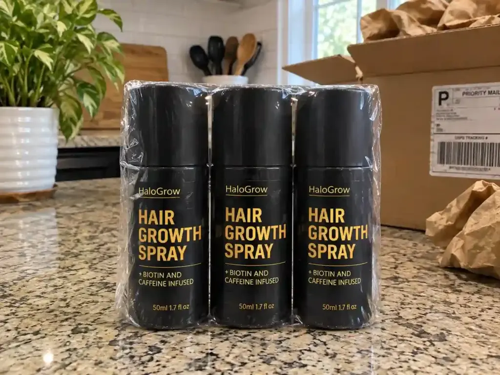 HaloGrow Hair Spray packages