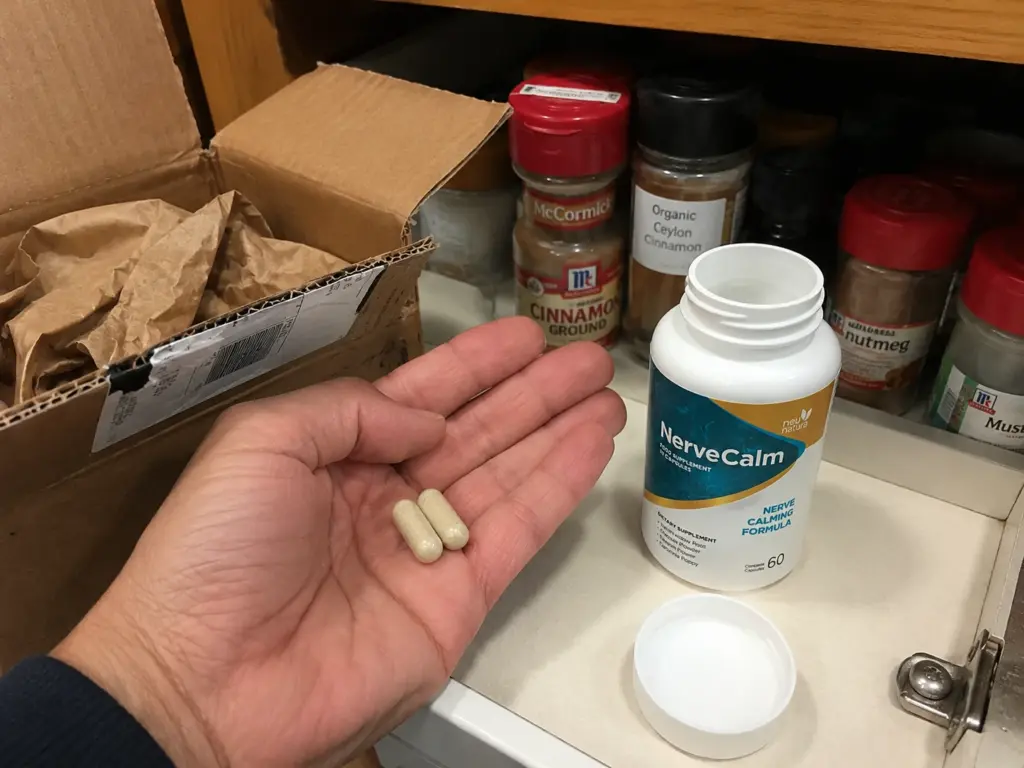 NerveCalm bottle in home kitchen cabinet
