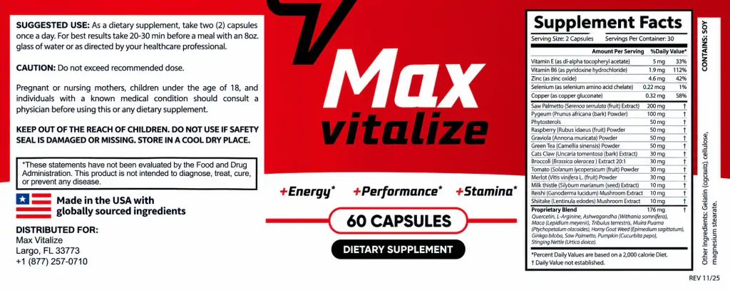 Max Vitalize Reviews Ingridents
